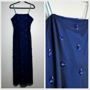 Papell Boutique Blue Y2K Mesh Overlay Fairy Sequin Flower Prom Maxi Gown 12P